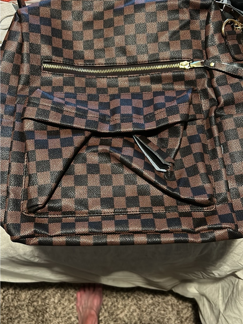 Source Unknown Brown Checkerboard Backpack with Gold Hardware
